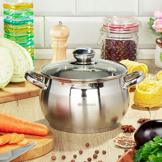 Кастрюля нержавеющая сталь, 2.9 л, с крышкой, крышка стекло, Daniks, Классика, SD-18, индукция