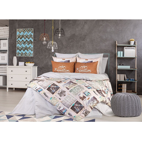 Постельное белье Love Me 2-спальное перкаль (простыня 220х240 см, 2 наволочки 50х70 см, 2 наволочки 70х70 см, пододеяльник 180х215 см) Traveler 20009+8309/6 711019