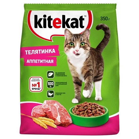 Корм для животных Kitekat, 350 г, для взрослых кошек, сухой, аппетитная телятинка, пакет, 10132145