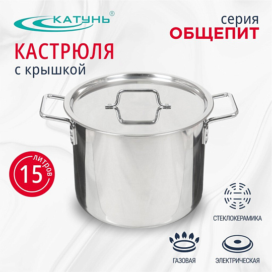Кастрюля нержавеющая сталь, 15 л, 30х24.5 см, клепаные ручки, Катунь, Общепит, КТ-ОБ-15 В