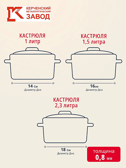 Набор посуды эмалированная сталь, 6 предметов, кастрюли 1,1.5,2.3 л, индукция, Керченский металлургический завод, Арабика-1, коричневый