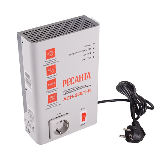 Стабилизатор напряжения Ресанта, АСН-550/1-И, 0.4 кВт, 90-310 В, 63/6/75