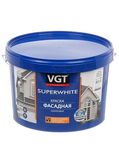 Краска водно-дисперсионная, VGT, акриловая, фасадная, влагостойкая, матовая, супербелая, 15 кг