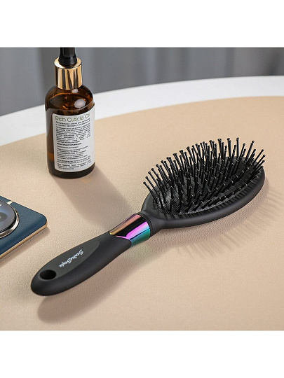 Расческа массажная, резиновая ручка, для волос, овальная, черная, 70х265х40 мм, Studio style, 58808-7121