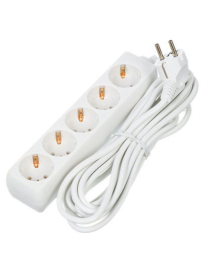 Удлинитель бытовой 5 гнезд, 5 м, 3х1 мм², с заземлением, 16 А, белый, General Lighting Systems, 470011