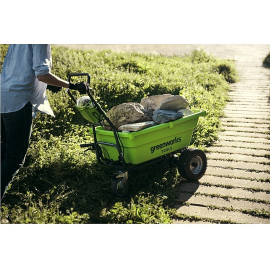 Тележка садовая трехколесная, пластик, 150 кг, 106 л, да, АКБ и ЗУ, 40V, 6A.ч, Greenworks, G40GCK6, 7400007UF