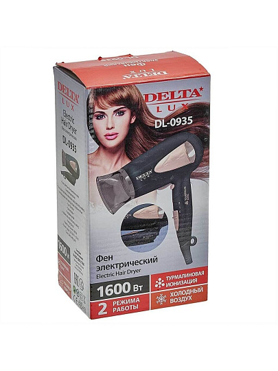 Фен Delta Lux, DL-0935, 1400 Вт, холодный обдув, складная ручка, черный с золотым