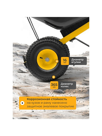 Тачка строительная двухколесная, 250 кг, 140 л, усиленная, 0.8 мм, втулка D16 мм, колесо 15х6.00-6, Denzel