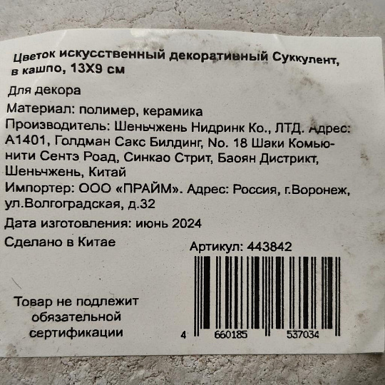 Цветок искусственный декоративный Суккулент, в кашпо, 13Х9 см, зеленый, Y4-7161