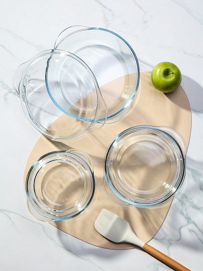 Набор форм для запекания жаропрочное стекло, 3 шт, 0.84, 1.45, 2.1 л, 16х19х10, 19х22х10.5, 22х26х11.5 см, круглый, с крышкой, Borcam, 159021