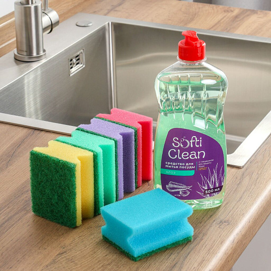Набор для уборки Softi Clean, 500 мл, средство для мытья посуды + губки для посуды 5 шт