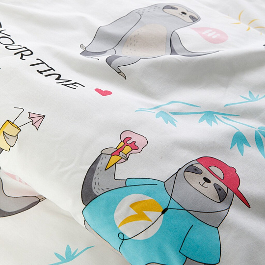 Постельное белье детское 1.5-спальное, простыня 150х215 см, 1 наволочка 70х70 см, пододеяльник 145х215 см, WMW, перкаль, Ленивцы 70765-1+70766-1