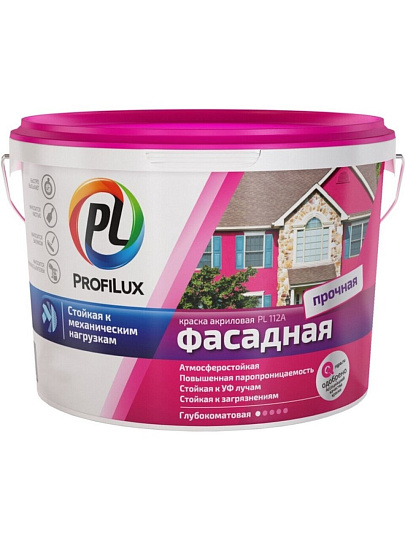 Краска водно-дисперсионная, Profilux, PL-112A, акриловая, фасадная, моющаяся, влагостойкая, матовая, супербелая, 3 кг