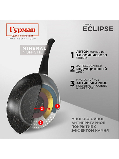 Сковорода литой алюминий, 26 см, антипригарное покрытие, Гурман, Eclipse, съемная ручка, индукция, ГМ2601ЭКИ