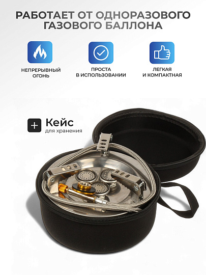 Плита газовая портативная 1 конфорка, 12х11 см, для резьбовых баллонов, металл, черная, C020033