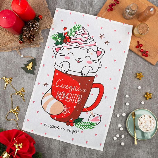 Полотенце кухонное вафельное, 35х60 см, 160 г/м2, 100% хлопок, Доляна, Сладких моментов, Россия, 5059207