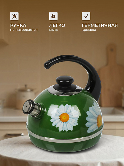 Чайник сталь, эмалированное покрытие, 3.5 л, со свистком, ручка консольная, Рубин, Ромашки, зеленый, T04/35/07/14