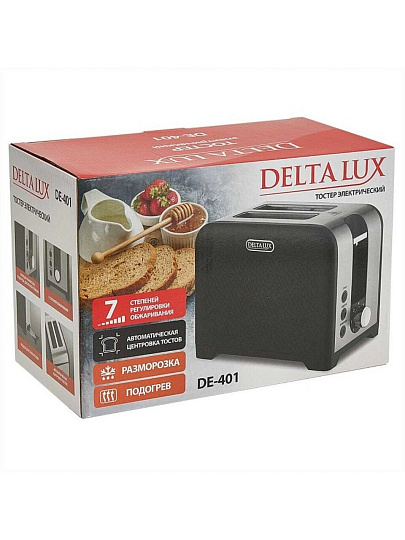 Тостер Delta Lux, DE-401, 930 Вт, 2 тоста, механический, 7-ти позиционный таймер, черный