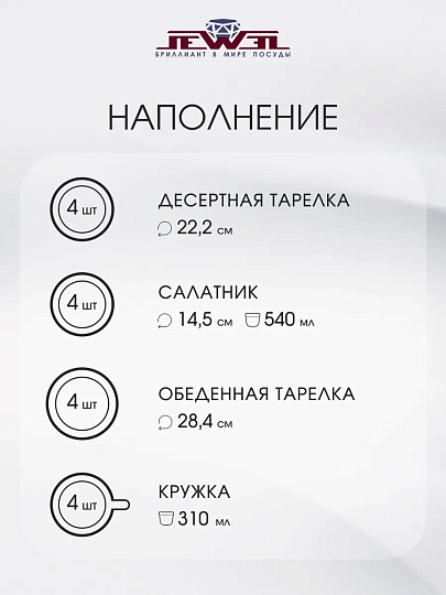 Сервиз столовый керамика, 16 предметов, на 4 персоны, Jewel, Мохито, ПС0016-50