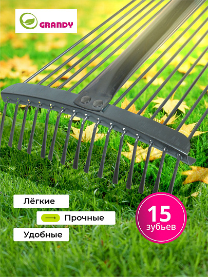 Грабли веерные, 15 зуб, металл, Grandy, Grandy, 15.5-52х120-155 см, раздвижной, черенок металлический, 402505