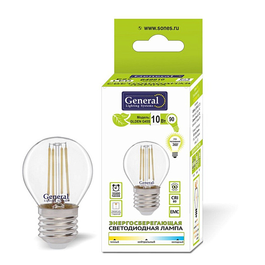 Лампа светодиодная E27, 12 Вт, 170-260 В, шар, 2700 К, теплый белый свет, General Lighting Systems, Филамент GLDEN-G45S-12-230, прозрачное стекло, 661012