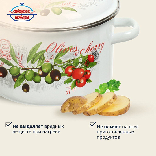 Кастрюля эмалированная сталь, 5.5 л, крышка сталь, цилиндрическая, Сибирские товары, Оливки и черри, 3MD221P, индукция