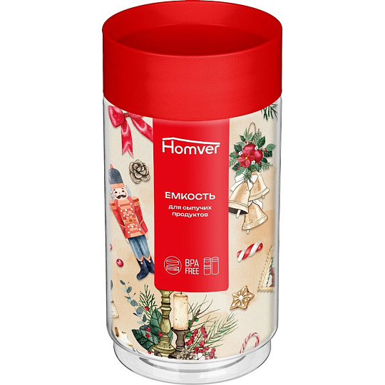 Банка для сыпучих продуктов, пластик, 1 л, 9.2х9.2х18.5 см, с крышкой, Homver, 223138106/03