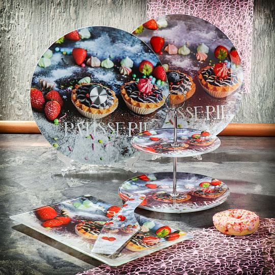 Блюдо стекло, 2 предмета, 30 см, круглое, с лопаткой, Daniks, Пирожные