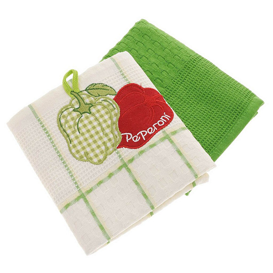 Набор полотенец кухонных 2 шт, 45х70 см, вафельный, Bonita, Овощи Перец, белый, зеленый, Россия, 0101310054