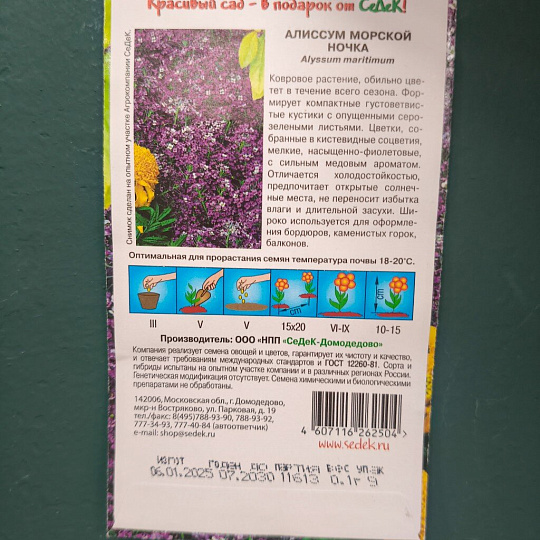Семена Цветы, Алиссум, 0.2 г, цветная упаковка