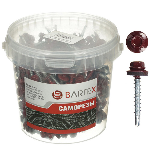 Саморез кровельный, диаметр 4.8х38 мм, 250 шт, красный, банка, Bartex