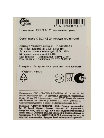 Корзина 2 л, 23х15.7х6 см, прямоугольная, пластик, молочный туман, Plast team, Oslo