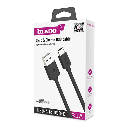 Кабель USB, OLMIO, Type-C, 2.1 А, 1 м, черный, 038773