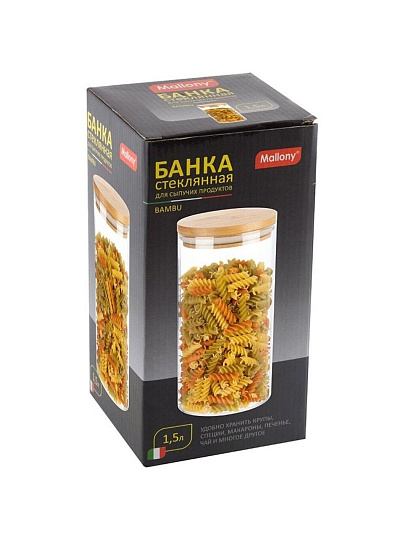 Банка для сыпучих продуктов, стекло, 1.5 л, 11.8х11.8х22.8 см, с крышкой, Mallony, Bambu, 004446