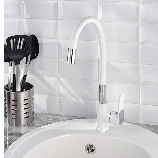 Смеситель для кухни, РМС, гибкий излив, с картриджем, белый, SL123W-016F-1