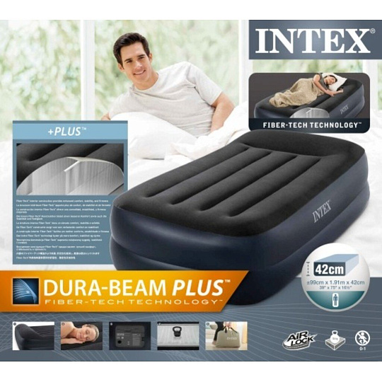 Кровать надувная Intex, 191х99х42 см, 64122ND, насос встроенный, электрический, флокированная, 136 кг