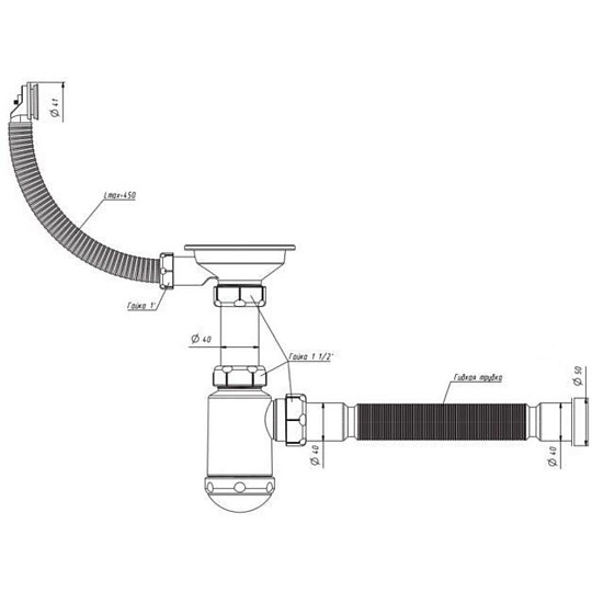 Сифон для мойки, 3" 1/2, пластик, с выпуском, с переливом, круглый перелив, 40х40/50 мм, белый, Санпласт, СНР 370-11-01