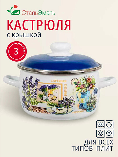 Кастрюля эмалированная сталь, 3 л, крышка сталь, сферический, СтальЭмаль, Горная лаванда, 6RC181M, индукция