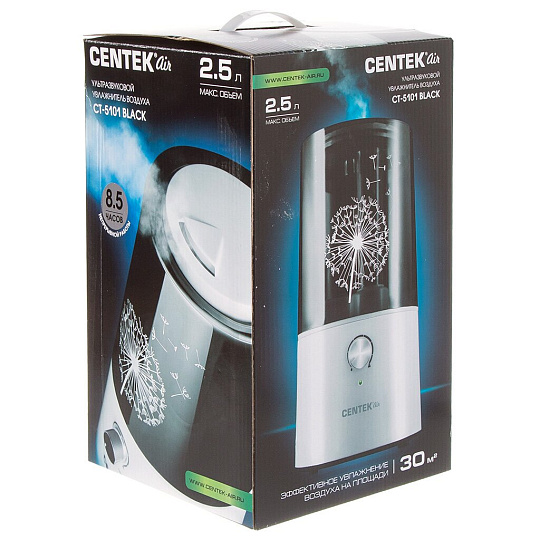 Увлажнитель воздуха Centek, 2.5 л, 30 м2, ультразвуковой, 25 Вт, 8.5ч работы, расход воды 300 мл/ч, CT-5101