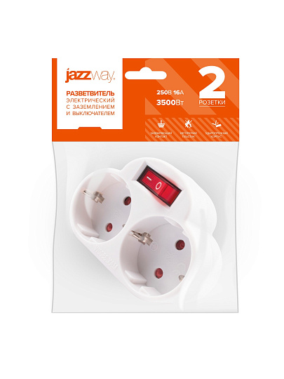 Разветвитель 2 гнезда, с заземлением, 16 А, с выключателем и защитной шторкой, JazzWay, AD-2GS, 5004788