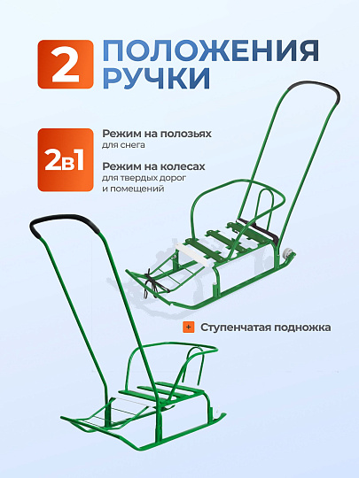 Санки Тимка 5 Комфорт+, Т5К+/З, переставная ручка, ремень безопасности, колеса на полозьях, 25 кг, спинка, зеленые, Nika