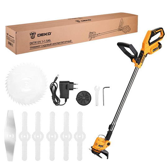 Триммер электрический, аккумуляторный, Deko, DKTR12V, 063-4232-3, D-ручка, нож, разборный вал