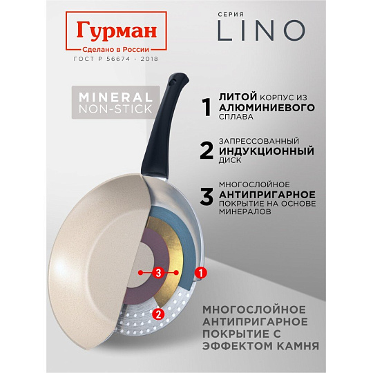 Сковорода литой алюминий, 24 см, антипригарное покрытие, Гурман, Lino, индукция, ГМ2401ЛИ
