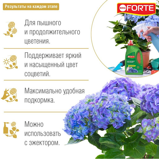 Удобрение для голубых гортензий, минеральное, жидкость, 1.5 л, Bona Forte