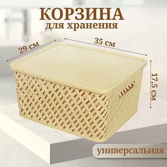 Корзина для хранения, 35х29х17.5 см, прямоугольная, плетеная, пластик, бежевая, с крышкой, Альтернатива, Плетенка, М3557