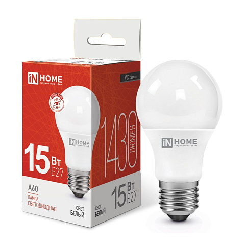 Лампа светодиодная E27, 15 Вт, 135 Вт, 230 В, груша, 4000 К, свет холодный белый, In Home, LED-A60-VC