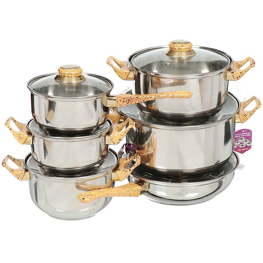 Набор посуды нержавеющая сталь, 12 предметов, кастрюли 1.8, 2.7, 3.6, 6.1 л, сковорода 24 см, ковш 1.8 л, Rainstahl, RS/CWD 1230-12 MBR/BK