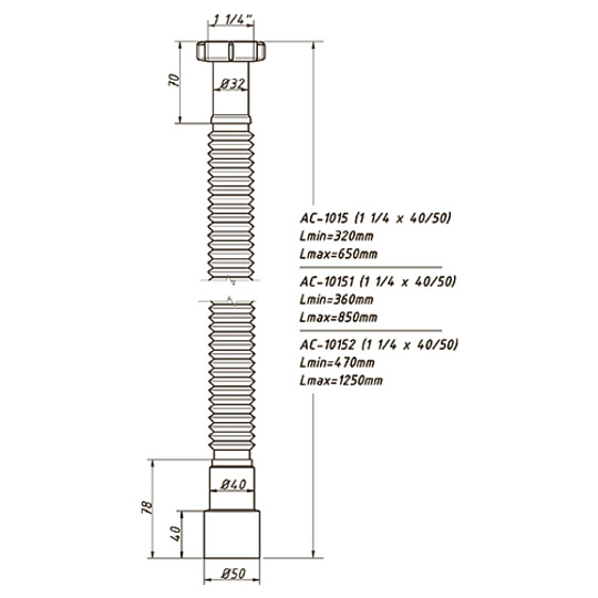Гофра для сифона 650 мм, 1" 1/4х40/50, полипропилен, с гайкой, Orio, АС-1015
