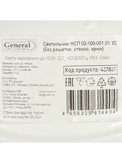 Светильник General Lighting Systems, НСП 02-100-001.01, 100 Вт, E27, на 1 лампочку, IP54, 24.6х24.6х17.2 см, без решетки, 437821