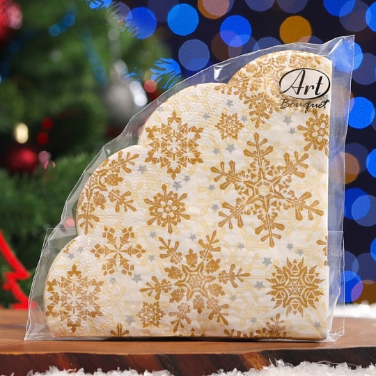 Салфетки бумажные Art bouquet, Rondo Золотые снежинки на бежевом, 12 шт, 3 слоя, 33х33 см